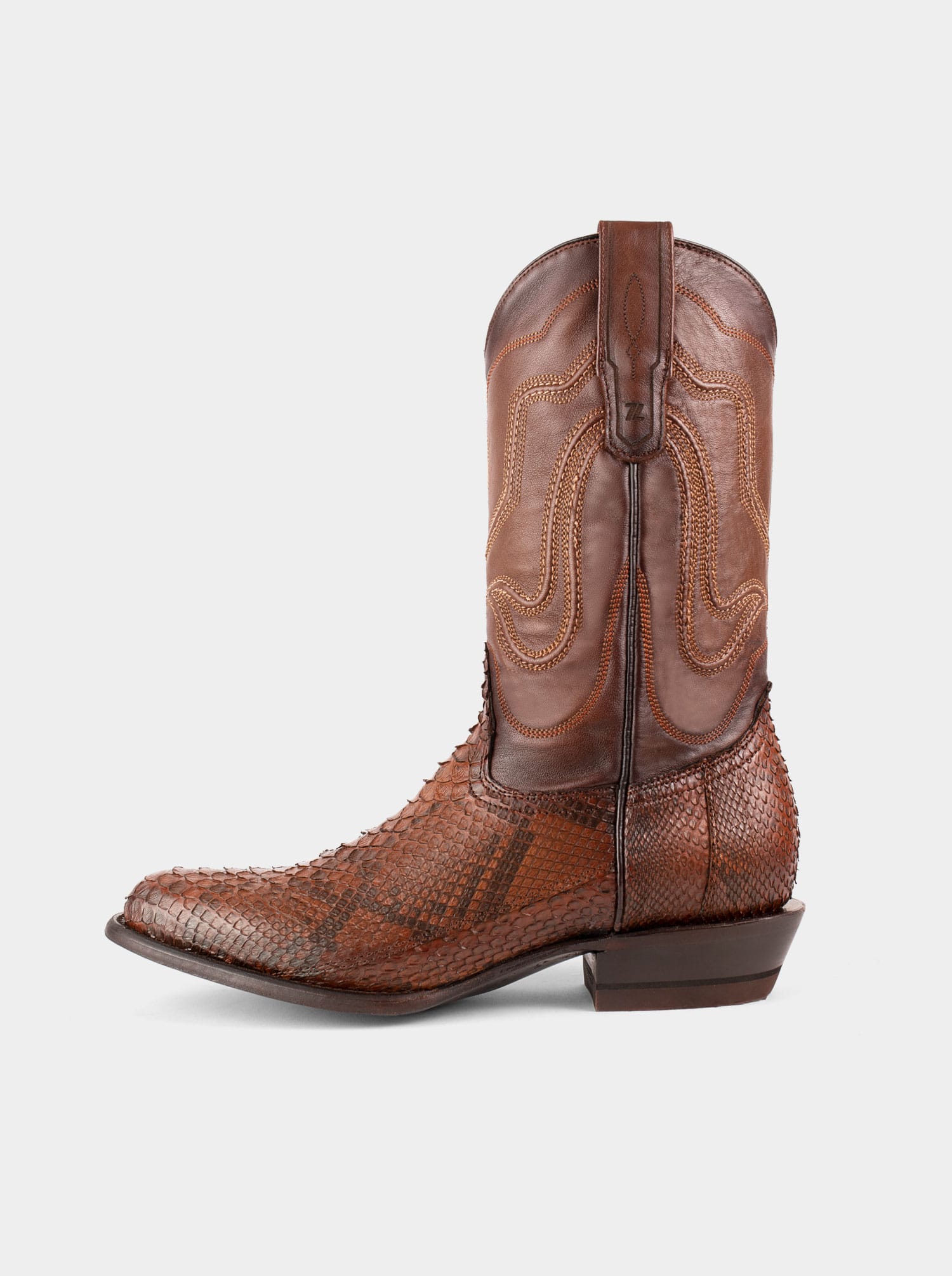 Cowboy Boot with Leather Sole in Genuine Caramel Python Leather, Style 1055
