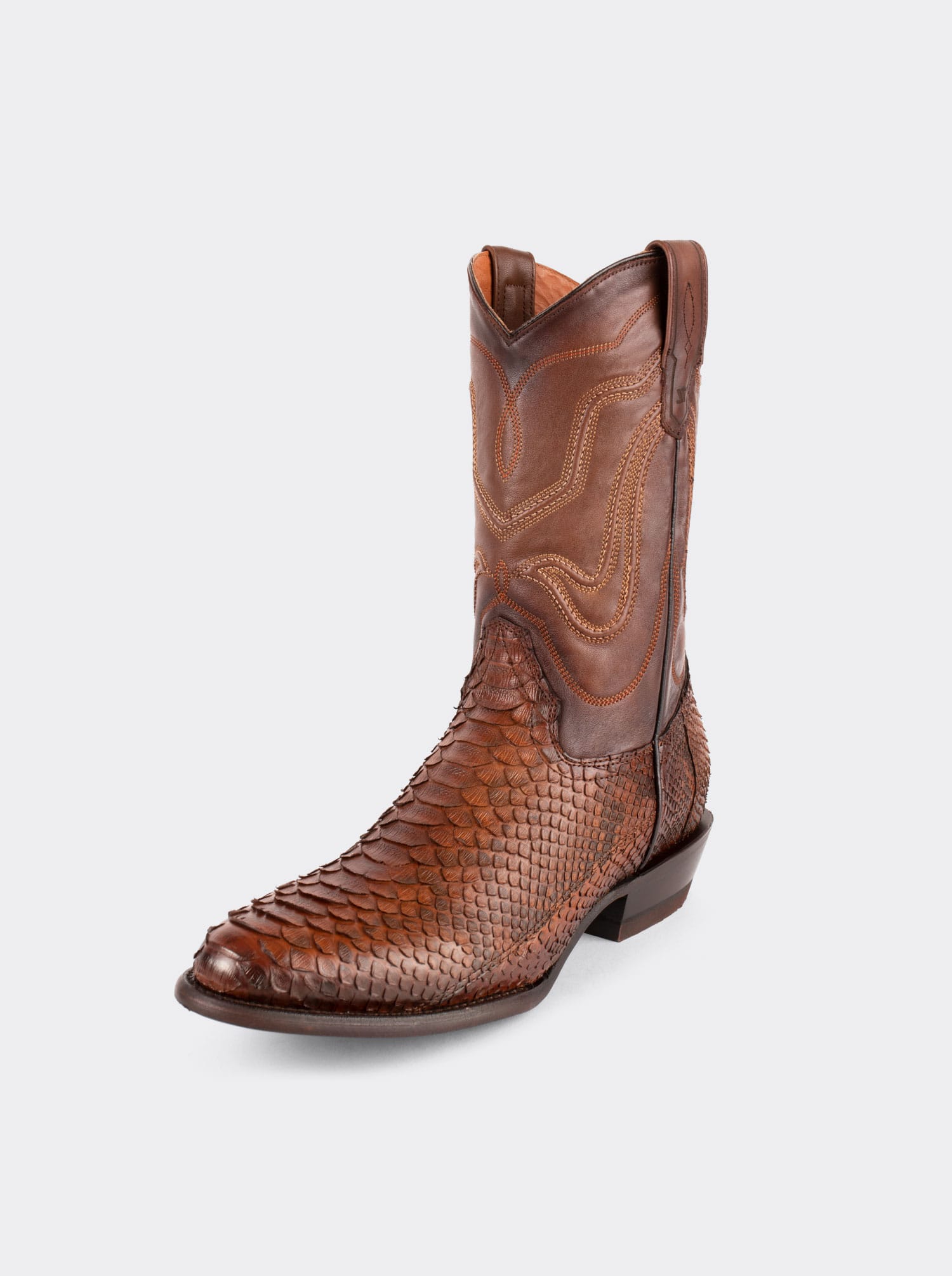 Cowboy Boot with Leather Sole in Genuine Caramel Python Leather, Style 1055