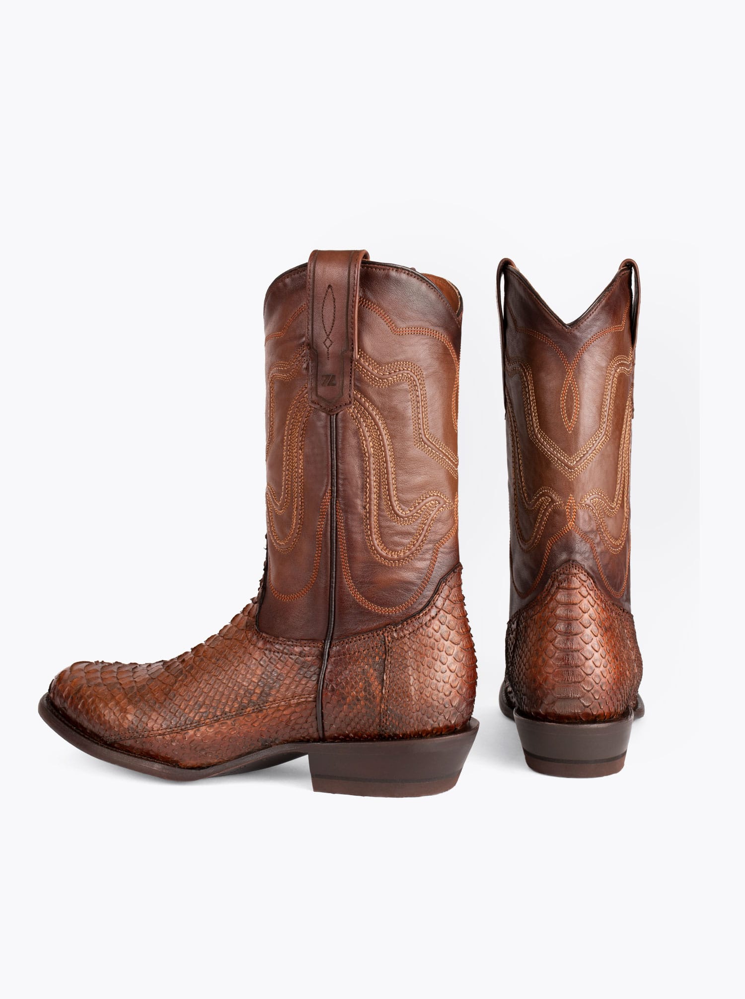 Cowboy Boot with Leather Sole in Genuine Caramel Python Leather, Style 1055