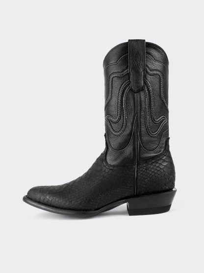Bota Vaquera con Suela de Cuero en Piel Genuina de Pitón Nobuck Negro Estilo 1055
