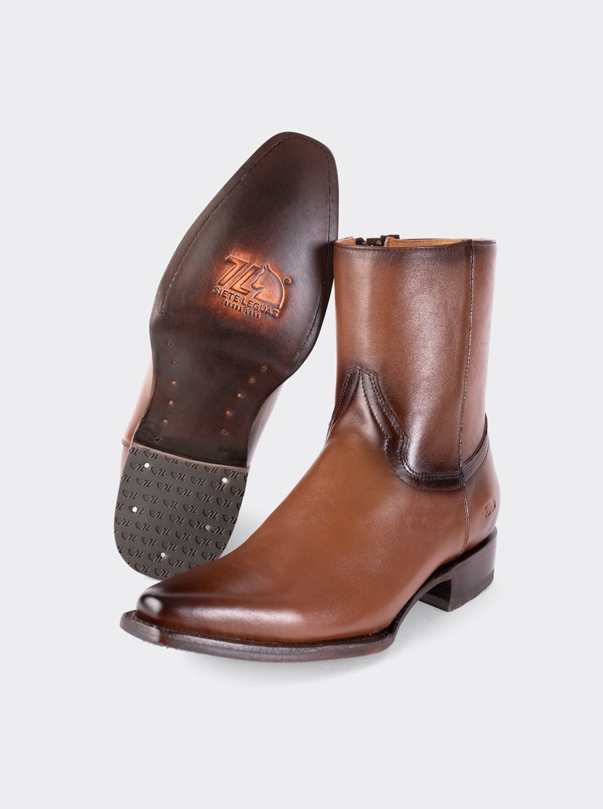 Men's Leather Cowboy Ankle Boot with Zipper Brown Nessy style 6207