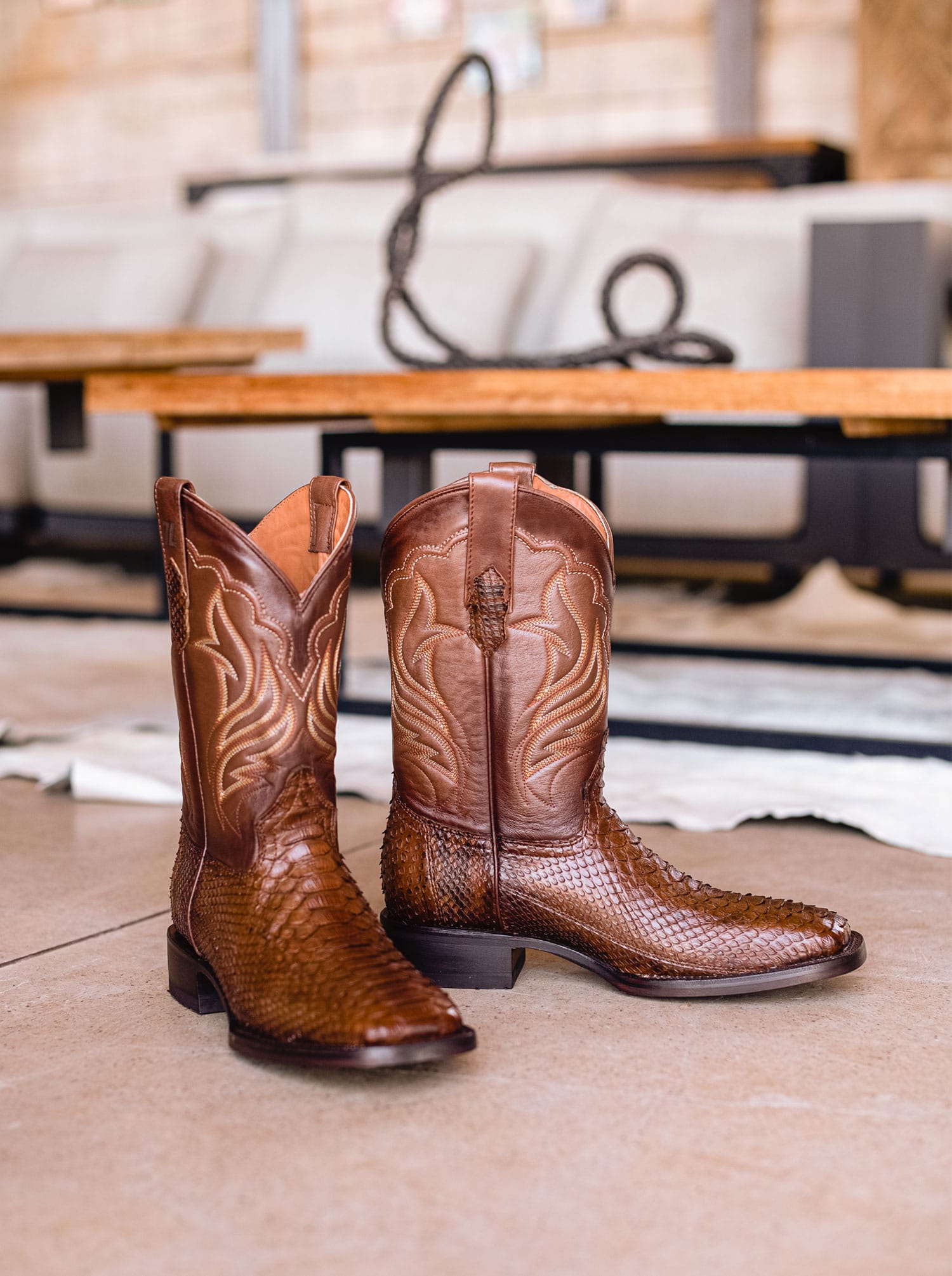Rodeo Boot with Leather Sole in Genuine Caramel Python Leather, Style 1558